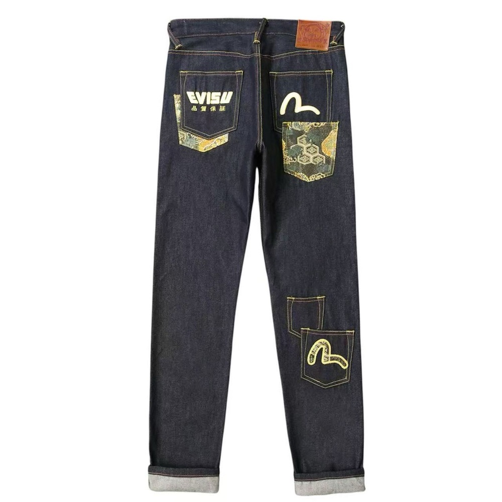 Evisu Dark Blue Straight Jeans with Yellow Patch Accents